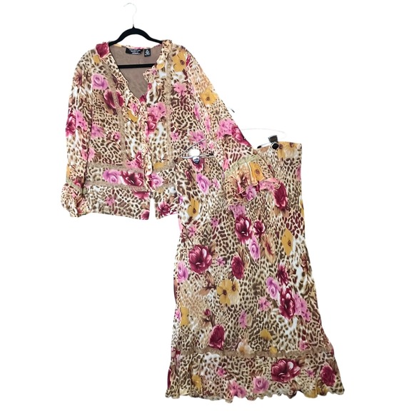 New York City Design Co. Dresses & Skirts - NYC Design Co Silk Skirt Set Womens 2X 3X Leopard Floral Whimsigoth Vtg Y2K Boho